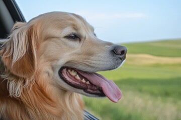 A happy dog sticks its tongue out, enjoying fresh air in a car