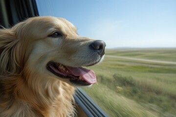 A happy dog sticks its tongue out, enjoying fresh air in a car