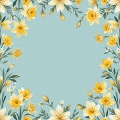 Obraz premium Modern Floral Vector Illustration Yellow Daffodils Soft Pastel Blue Background - Decorative Border Design Copy Space Spring Easter Invitations Greeting Cards