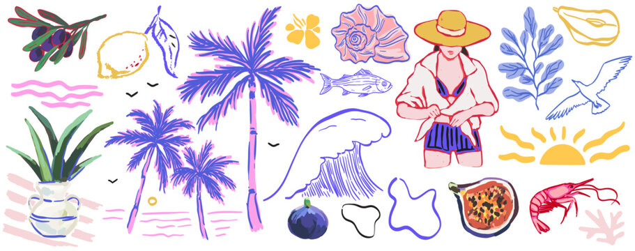 Italian or greek style vacation hand drawn vector illustrations in mixed media collage style with doodle sketch elements. Lemon, palm tree vacation in marker style. Oil drawings for poster, placard.