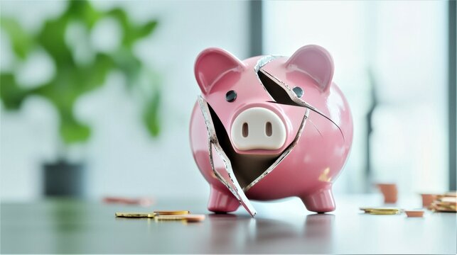 A broken piggy bank sits on a table with scattered coins, symbolizing financial struggles or unexpected expenses in a modern setting.
