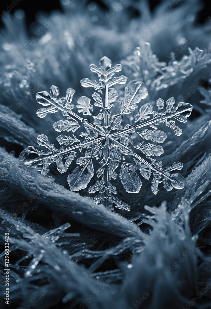 Poster macro close-up of a single delicate snowflake resting on a wool glove, showcasing intricate crystall