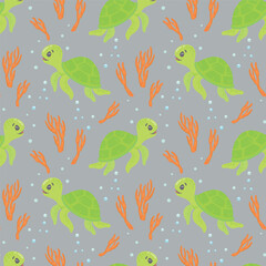 Seamless marine-themed pattern with turtles, underwater plants, and corals. Hand-drawn vector illustration. Marine life.