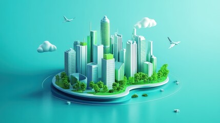 Fototapeta premium Sustainable city island; 3D model; futuristic; environmental concept; possible use stock photo for sustainable development