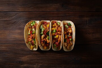 A delicious row of tacos artistically arranged on a wooden cutting board
