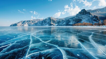 Stunning Frozen Lake Landscape With Cracking Ice, Snow-Covered Mountains, and Clear Blue Sky Under Bright Sunlight