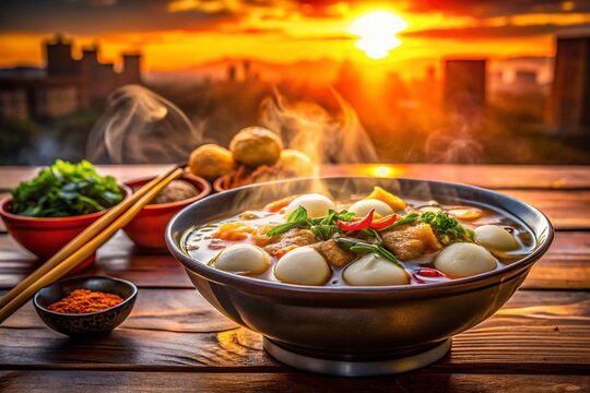 Silhouette of Delicious Tekwan Palembang Soup with Chicken Feet at Sunset