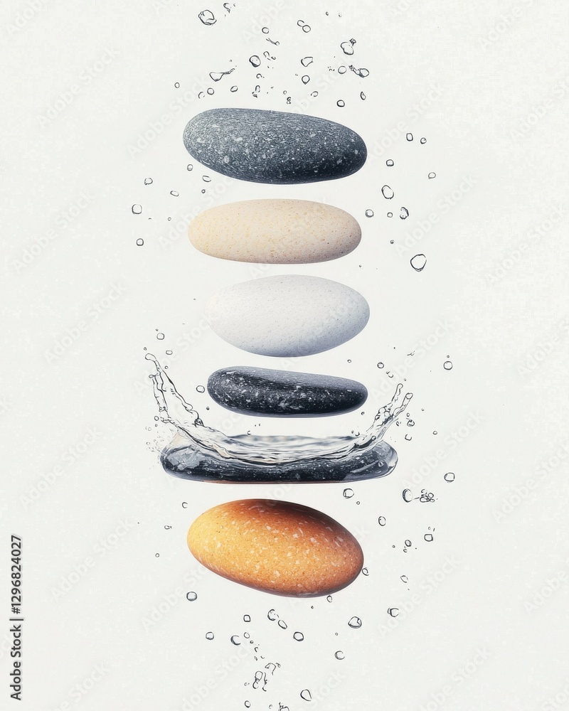 Poster dynamic water splash with floating pebbles minimalist studio setting