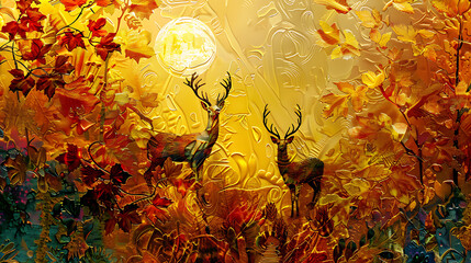 Artwork digital paint wallpaper. golden leaf and sun with colorful trees and deer on a light background