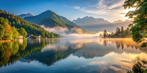 Fototapeta premium Serene lake Millstatt at sunrise with misty mountains in the background, surrounded by tall trees and lush greenery, austrian lakes, alpine landscape