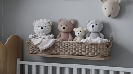 A collection of soft plush toys in various animal shapes on a cozy nursery shelf.