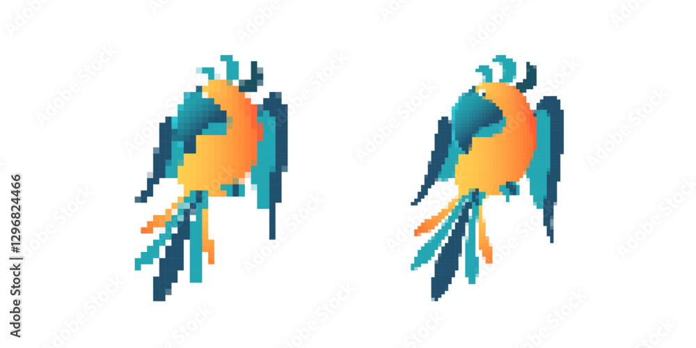 Poster two lively pixel art parrots showcasing vivid colors and abstract shapes with a dynamic artistic fla
