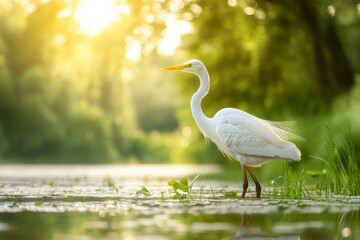 Fototapeta premium Elegant White Bird Standing in Tranquil Wetland Environment