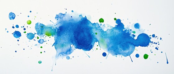 Blue Abstract Watercolor Artwork Showcasing Vibrant Tones and Dynamic Green Dots on a Clean White Canvas