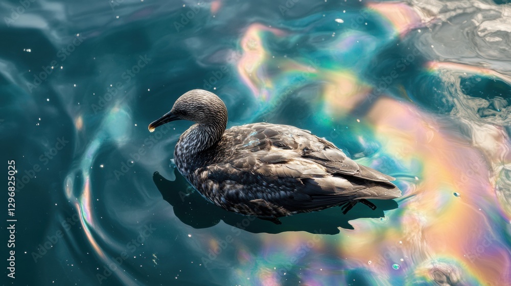Poster seabird struggling in oil spill with colorful sheen on ocean surface. generative ai