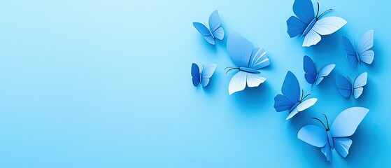 Elegant Arrangement of Blue Paper Butterflies on a Soft Blue Background Creating a Serene and Artistic Display