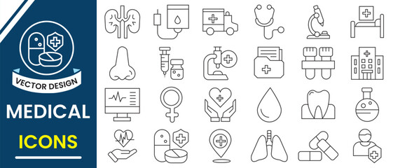 Medical icon, vector set design. Health symbols, icon. Doctor, medicine, healthcare, nurse, pills, hospital, treatment, clinic and more. Solid medical icons, vector set. Vector illustration.