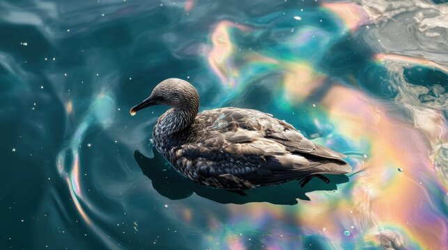 Seabird struggling in oil spill with colorful sheen on ocean surface. Generative AI
