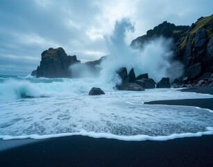 Obraz premium Icelandic black sand beach storm. Captivating scene of waves exploding against dramatic basalt columns captured at 1/1000s shutter speed