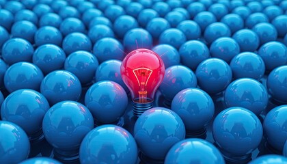 Naklejka premium Innovation spotlight red light bulb among blue spheres digital art abstract aerial view creativity