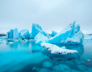 Icebergs drift in a Patagonian glacial lake. Submerged ice formations visible in 8K detail, no boats or humans present