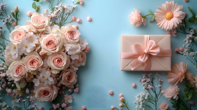 Luxurious Pastel Tones Flat Lay Display for Women's Day Celebrating with Silk Flowers