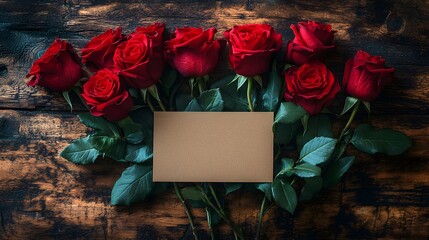 Exquisite Greeting Card Mockup with Red Roses on Textured Wooden Table for Heartfelt Occasions