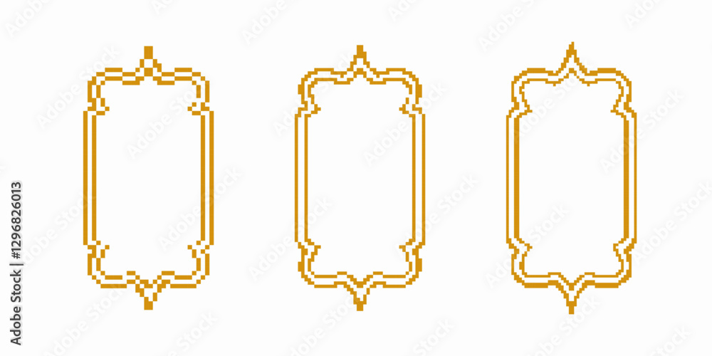 Poster three golden frames with detailed patterns in pixel art style. each frame boasts ornate contours.
