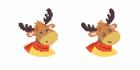 Two pixel art reindeer with antlers and red scarf. one with simple features, the other detailed.