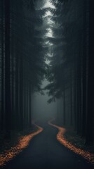 Obraz premium Serene autumn pathway enchanted forest nature scene foggy environment ground level view tranquil journey