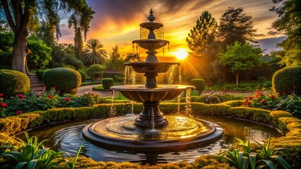 Silhouette of Ornate Garden Fountain at Sunset - Elegant Water Feature Stock Photo