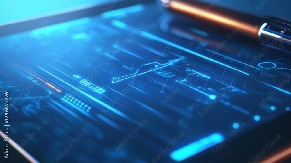 Leinwandbilder Digital technology interface featuring blue holographic graphics with a sleek pen resting beside it. Generative AI