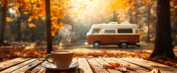 A warm cup of coffee with steam rising from it, placed on a wooden table with autumn leaves, with a blurred vintage van in the background showcasing a cozy outdoor camping vibe.