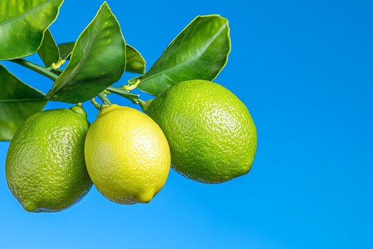 A lemon tree branch with tiny unripe green lemons growing under the sun