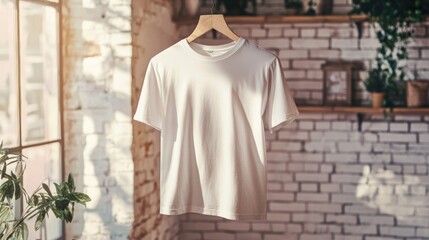 A cotton t-shirt mockup hanging in a natural light setting with soft, cozy vibes