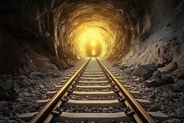 Naklejka premium A tunnel with railway tracks leading into the distance, an underground mining scene