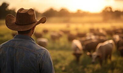 Cowboy watching cattle at sunset, rural ranch