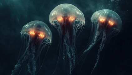 Naklejka premium Three bioluminescent jellyfish glowing in dark ocean depths.