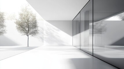 Obraz premium Modern minimalist interior with trees, glass wall, sunlit space