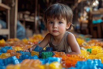 
A child playing with plastic toys made of recycled material.