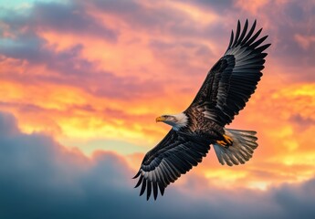 Majestic Bald Eagle Soaring Across Vibrant Sunset Sky with Colorful Clouds and Dramatic Lighting in the Background