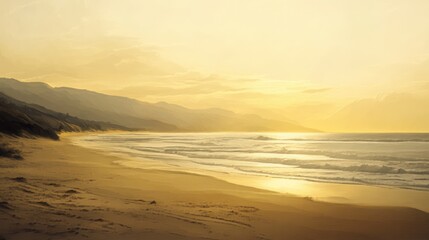 A golden hour beach landscape with calm ocean waves and mountains