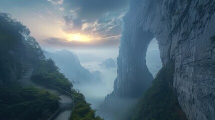 Serene Mountain Landscape with Mist and Arching Rock Formation at Sunrise