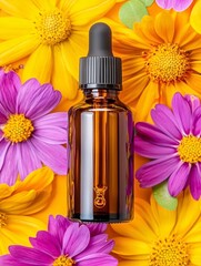 Amber Glass Dropper Bottle Surrounded by Vibrant Yellow and Purple Flowers