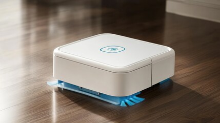 A high-tech robotic vacuum cleaner on a sleek wooden floor in a modern home.