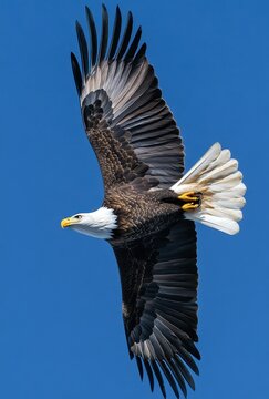 Majestic bald eagle soaring gracefully against a clear blue sky showcasing its powerful wings and striking features in a breathtaking wildlife moment