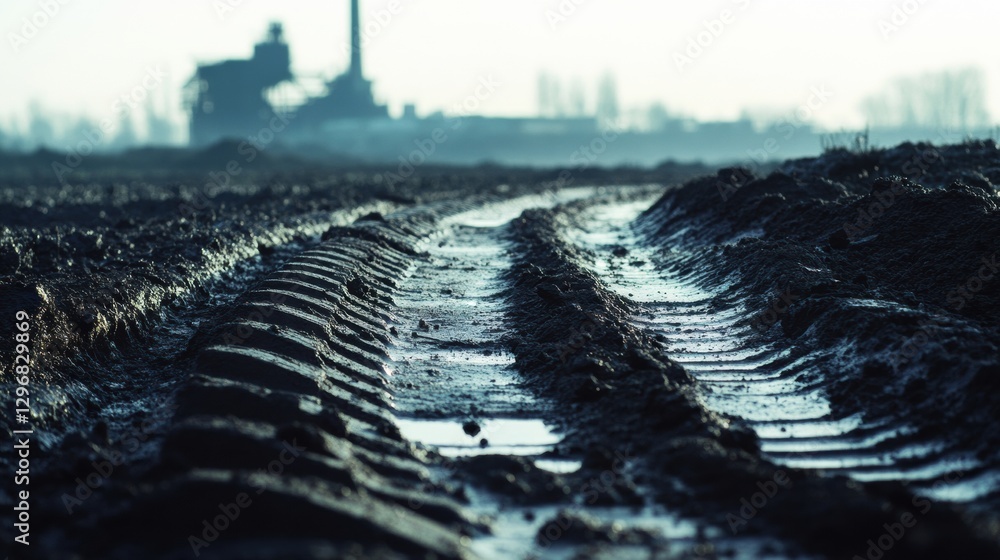 Leinwandbilder tire tracks create patterns in muddy soil with industrial buildings emerging in the distance during 