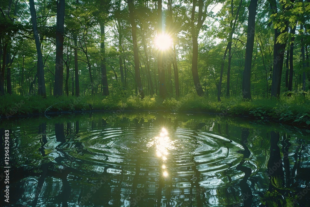 Poster a serene forest scene with sunlight filtering through trees, reflecting on a calm pond surface, crea