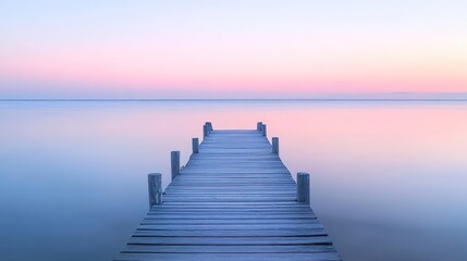 Fototapeta premium Wooden dock extends over tranquil water reflecting a colorful sunset