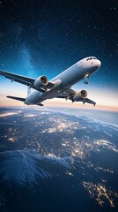 Obraz premium Airplane Flying Over Night City Lights
